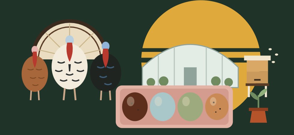 Illustration: heritage turkeys, a greenhouse, beehive and a carton of colorful eggs at sunrise
